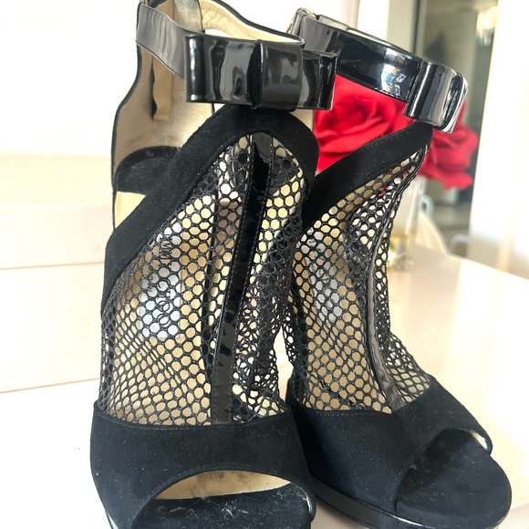 Jimmy Choo “Callie” patent leather fishnet stiletto booties with bows 37 (US 7) - Picture 6 of 10